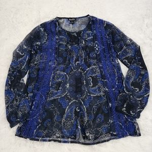 Lucky Brand Blue and Black Boho Pattern Button Down Long Sleeve Sheer Blouse